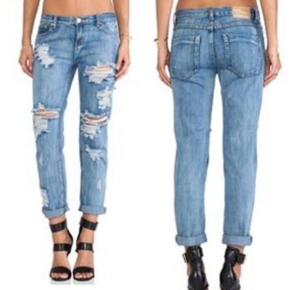 One Teaspoon Awesome Baggies Medium Wash Super Distressed Ripped Straight Jeans - Picture 3 of 14